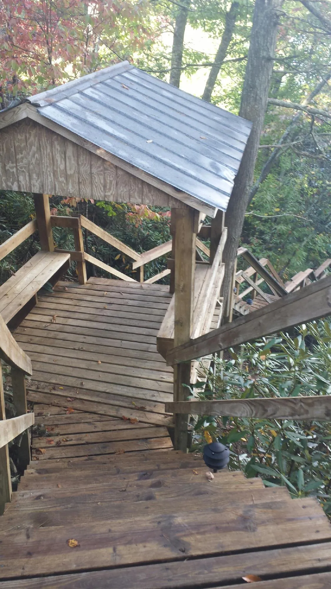 Metal roofed shelter over wooden steps on a wooded walkway — Skylight Repair & Installation work by our crew in New Ringgold